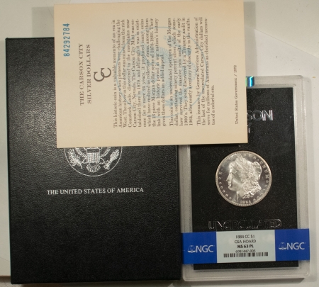 Morgan Dollars 1884-CC $1 MORGAN DOLLAR GSA NGC MS-63 PL WITH BOX & COA! PROOFLIKE CARSON CITY!