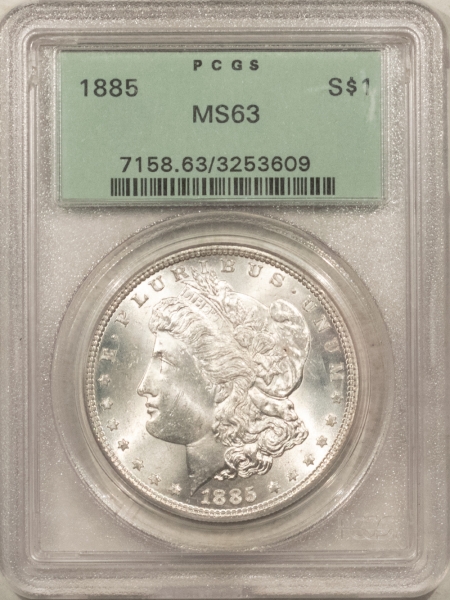 Morgan Dollars 1885 $1 MORGAN DOLLAR – PCGS MS-63, OLD GREEN HOLDER, BLAST WHITE!