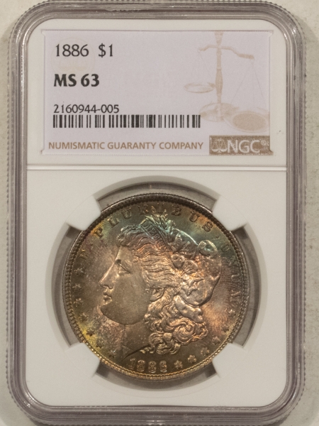 Morgan Dollars 1886 $1 MORGAN DOLLAR – NGC MS-63, AWESOME COLOR!