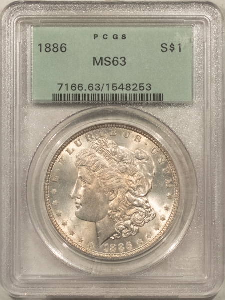 Morgan Dollars 1886 $1 MORGAN DOLLAR – PCGS MS-63, OLD GREEN HOLDER, CHOICE!