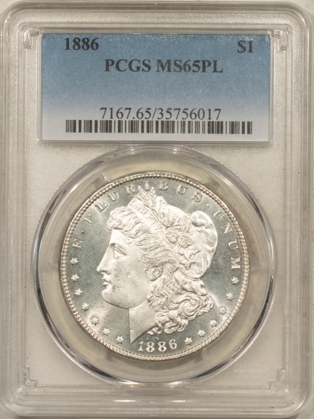 Morgan Dollars 1886 $1 MORGAN DOLLAR – PCGS MS-65 PL, GREAT CONTRAST!