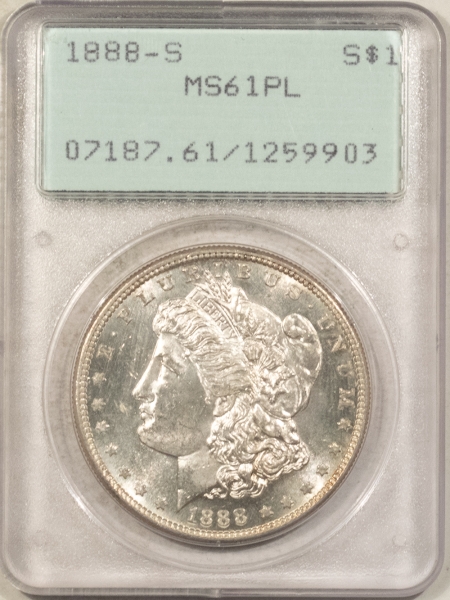 Morgan Dollars 1888-S $1 MORGAN DOLLAR – PCGS MS-61 PL, RATTLER, PROOFLIKE & PREMIUM QUALITY!