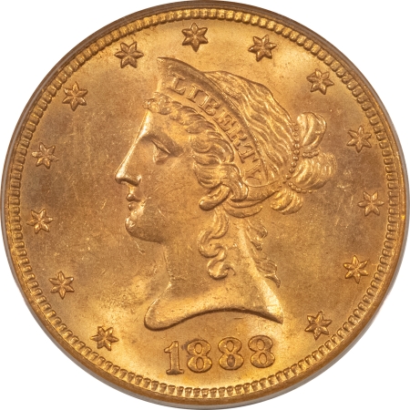 $10 1888-S $10 LIBERTY GOLD EAGLE – PCGS MS-63, CHOICE TOUGHER DATE, 5K IN MS-64!