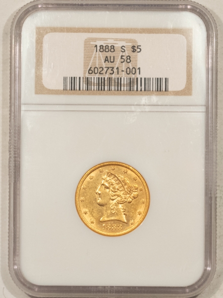 $5 1888-S $5 LIBERTY GOLD NGC AU-58, SCARCE!