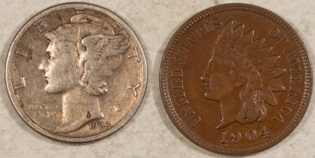 Mixed Lots 1904 INDIAN CENT, 1928-S MERCURY DIME, LOT OF 2 – NICE HIGH GRADE CIRC EXAMPLES!