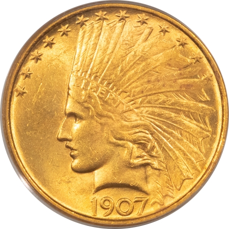 $10 1907 $10 INDIAN GOLD, NO MOTTO – PCGS MS-63, CHOICE! POPULAR FIRST-YEAR DATE!