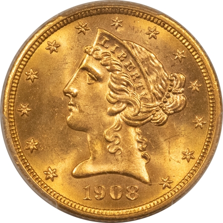 $5 1908 $5 LIBERTY GOLD HALF EAGLE – PCGS MS-64, FRESH, LUSTROUS, PQ, CAC APPROVED!