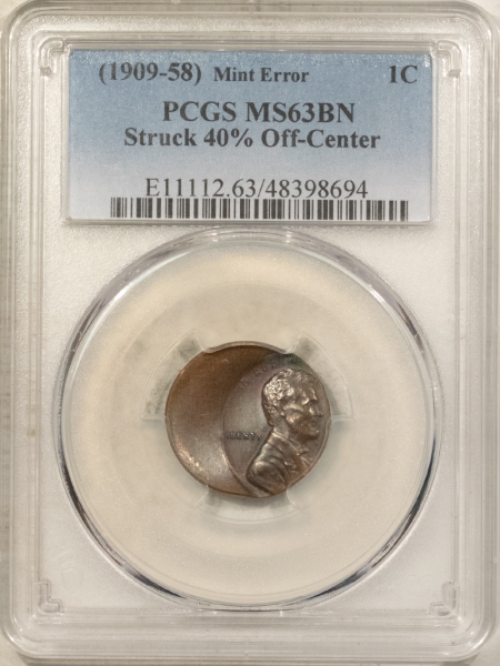 Lincoln Cents (Wheat) (1909-58) LINCOLN WHEAT CENT – PCGS MS-63 BN, MINT ERROR, STRUCK 40% OFF-CENTER