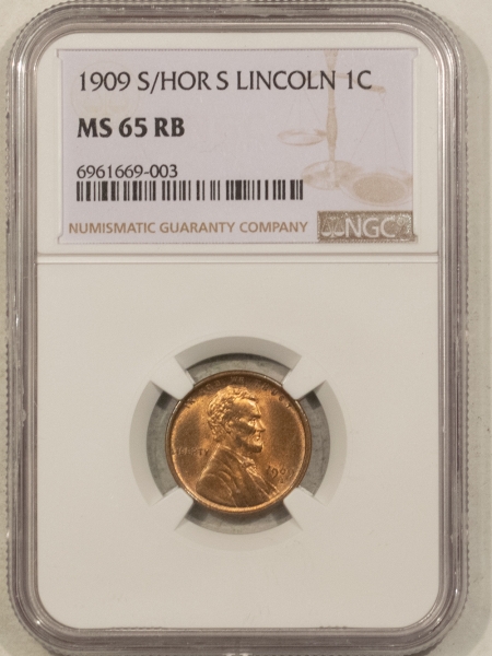 Lincoln Cents (Wheat) 1909 S/ HORIZONTAL S LINCOLN CENT – NGC MS-65 RB, ATTRACTIVE GEM!