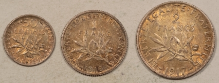 New Store Items 1917 2 FRANCS, 1918 1 FRANC, 1913 50c FRANCE LOT/3 – PRETTY HIGH GRADE EXAMPLE!