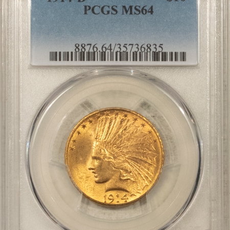 $10 1914-D $10 INDIAN GOLD EAGLE – PCGS MS-64, TOUGHER DATE! ORIGINAL, LUSTROUS!