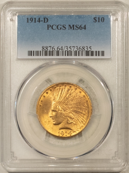 $10 1914-D $10 INDIAN GOLD EAGLE – PCGS MS-64, TOUGHER DATE! ORIGINAL, LUSTROUS!