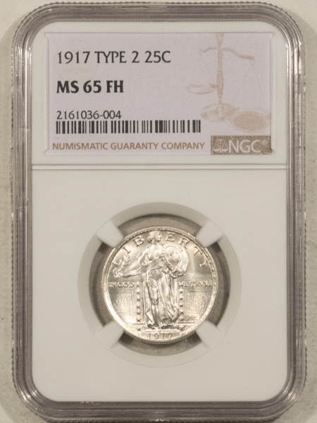 New Certified Coins 1917 TYPE 2 STANDING LIBERTY QUARTER – NGC MS-65 FH, 100% WHITE GEM!