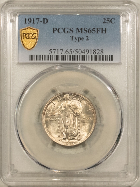 New Certified Coins 1917-D TYPE 2 STANDING LIBERTY QUARTER – PCGS MS-65 FH, FRESH ORIGINAL WHITE GEM