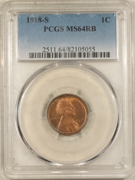 Lincoln Cents (Wheat) 1918-S LINCOLN CENT PCGS MS-64 RB, PRETTY