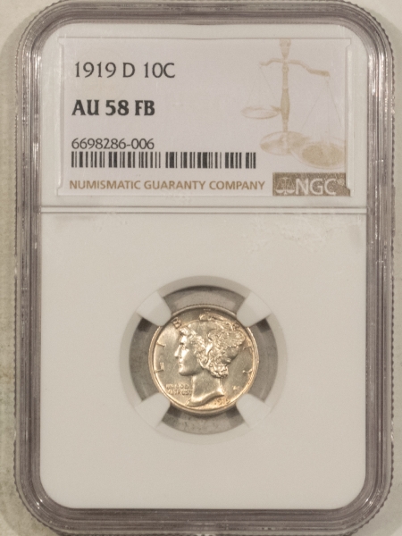 Mercury Dimes 1919-D MERCURY DIME – NGC AU-58 FB, ORIGINAL WHITE & SUPER TOUGH W/ FULL BANDS!