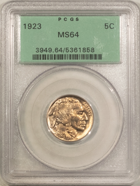 Buffalo Nickels 1923 BUFFALO NICKEL – PCGS MS-64, LOOKS 65+, OLD GREEN HOLDER, PREMIUM QUALITY!