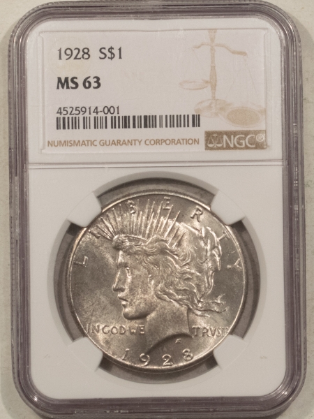 New Certified Coins 1928 $1 PEACE DOLLAR – NGC MS-63, KEY-DATE! WELL-STRUCK, LIGHT TONING!