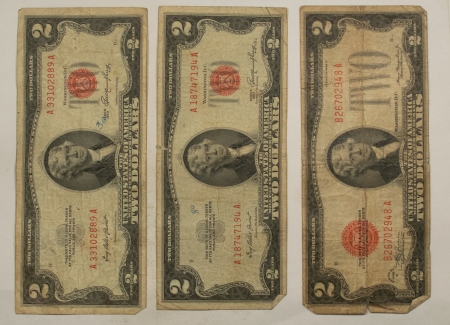 New Store Items 1928-C, 1953 x 2 $2 UNITED STATES RED SEAL NOTES, LOT OF 3, LOW GRADE W/ISSUES