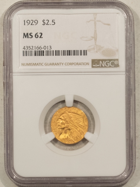 $2.50 1929 $2.50 INDIAN GOLD QUARTER EAGLE – NGC MS-62