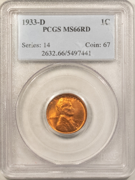 Lincoln Cents (Wheat) 1933-D LINCOLN CENT – PCGS MS-66 RD, PREMIUM QUALITY!