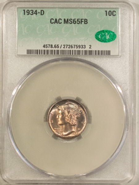 CAC Approved Coins 1934-D MERCURY DIME – CACG MS-65 FB, PREMIUM QUALITY CAC!