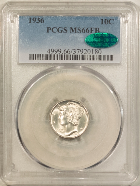 CAC Approved Coins 1936 MERCURY DIME PCGS MS-66 FB, ORIGINAL, WHITE, PREMIUM QUALITY, CAC APPROVED!