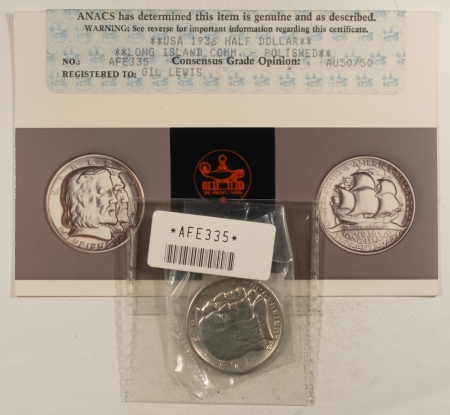 New Certified Coins 1936 LONG ISLAND COMEMMORATIVE HALF DOLLAR OLD ANACS PHOTOCERT AU-50/50 POLISHED