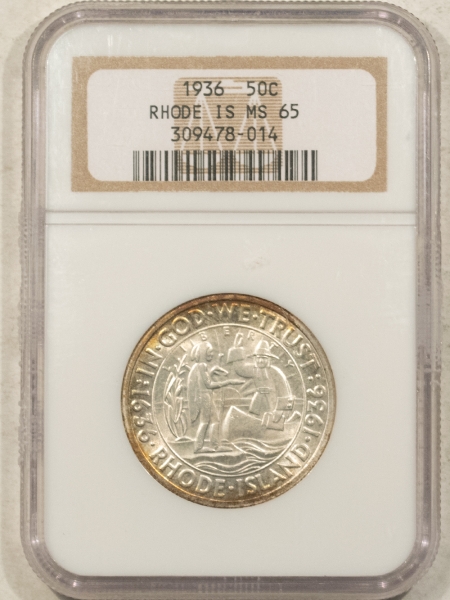 New Certified Coins 1936 RHODE ISLAND COMMEMORATIVE HALF DOLLAR, NGC MS-65, PRETTY, PREMIUM QUALITY!