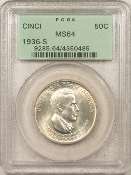 New Certified Coins 1936-S CINCINNATI COMMEMORATIVE HALF DOLLAR – PCGS MS-64, OLD GREEN HOLDER & PQ!