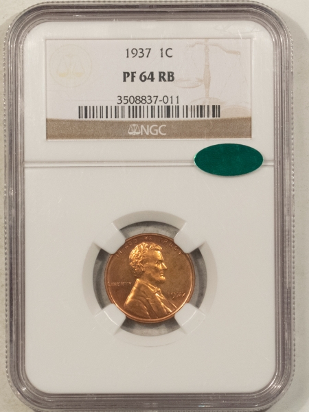 CAC Approved Coins 1937 PROOF LINCOLN CENT – NGC PF-64 RB, LOOKS RED! PREMUM QUALITY! CAC APPROVED!