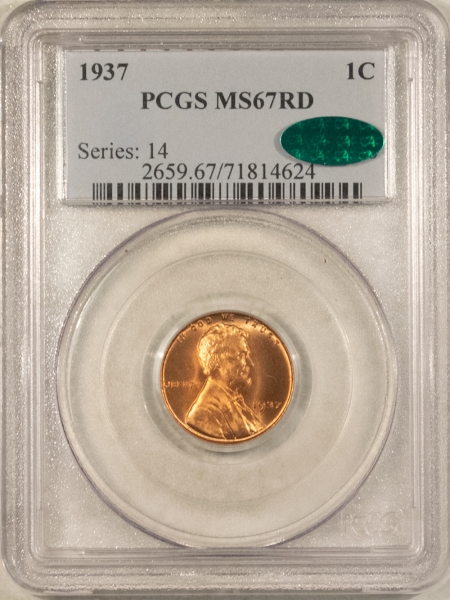 CAC Approved Coins 1937 LINCOLN CENT PCGS MS-67 RD CAC APPROVED, SUPERB & PQ!