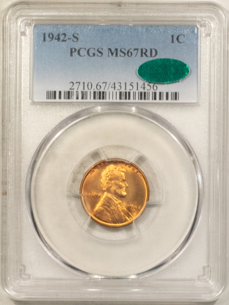 CAC Approved Coins 1942-S LINCOLN CENT – PCGS MS-67 RD, CAC APPROVED! PRISTINE!