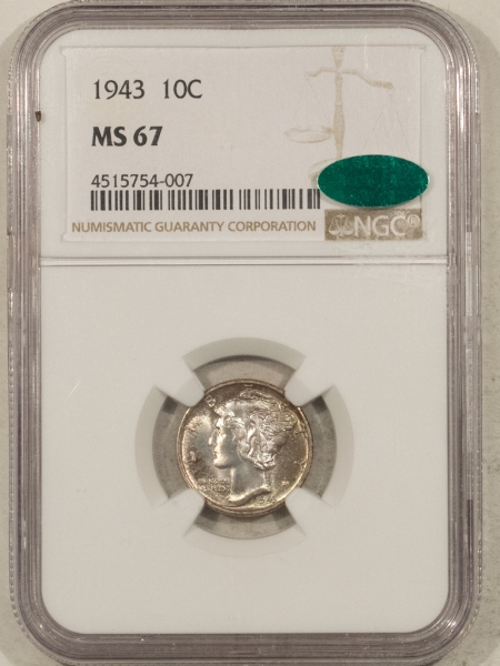 CAC Approved Coins 1943 MERCURY DIME – NGC MS-67, LOVELY, PREMIUM QUALITY & CAC APPROVED!