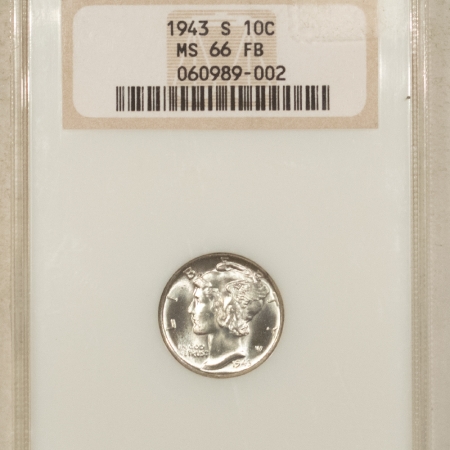 Mercury Dimes 1943-S MERCURY DIME – NGC MS-66 FB, OLD FATTY & PREMIUM QUALITY!