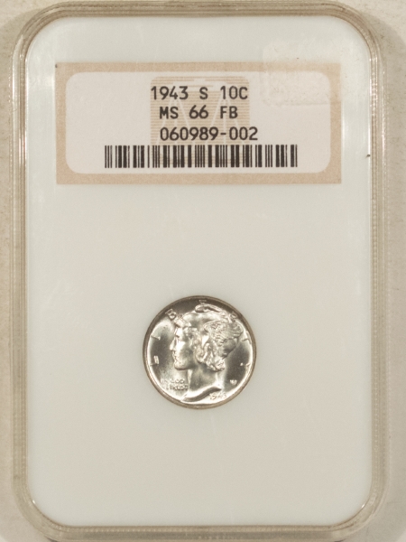 Mercury Dimes 1943-S MERCURY DIME – NGC MS-66 FB, OLD FATTY & PREMIUM QUALITY!