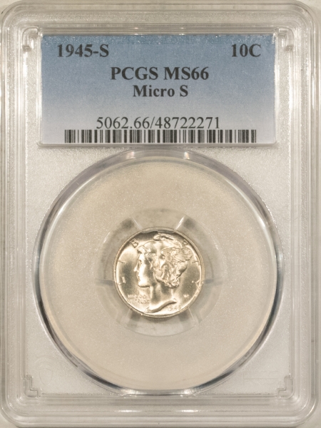 Mercury Dimes 1945-S MERCURY DIME, MICRO-S – PCGS MS-66, LUSTROUS WHITE, TOUGH!