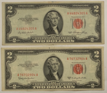 New Store Items 1953 & 1953-C $2 UNITED STATES RED SEAL NOTES, LOT OF 2, HIGH GRADE CIRCULATED!