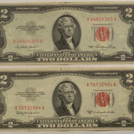 New Store Items 1953 & 1953-C $2 UNITED STATES RED SEAL NOTES, LOT OF 2, HIGH GRADE CIRCULATED!