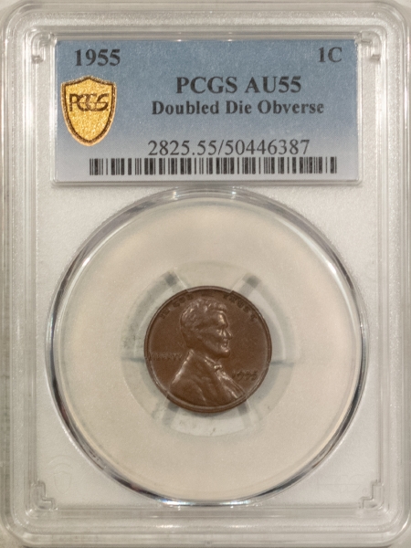 Lincoln Cents (Wheat) 1955 LINCOLN CENT, DOUBLED DIE OBVERSE – PCGS AU-55, NICE SMOOTH ORIGINAL