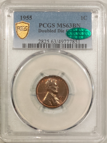 CAC Approved Coins 1955 LINCOLN CENT, DOUBLED DIE OBVERSE – PCGS MS-63 BN, CAC APPROVED, PQ++!