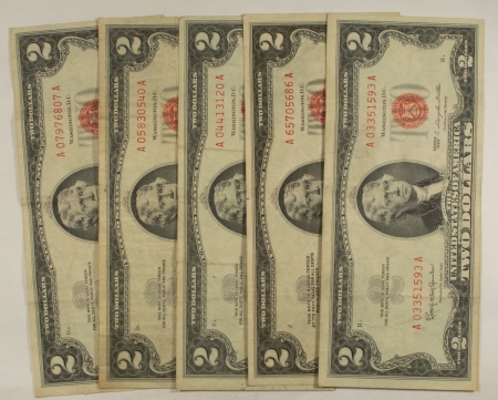 New Store Items 1963 $2 UNITED STATES RED SEAL NOTES, FR-1513, LOT OF 5 – VF/VF+