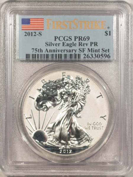 American Silver Eagles 2012-S $1 REVERSE PROOF AMERICAN SILVER EAGLE, 1 OZ, .999 PCGS PR-69, 1ST STRIKE