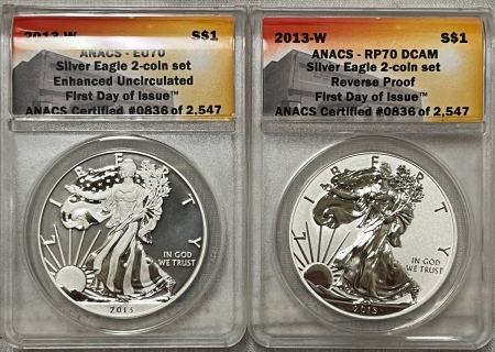 American Silver Eagles 2013-W AMERICAN SILVER EAGLE 2 COIN SET REV PR/ENHANCED ANACS RP70 UCAM/EU70 FDI