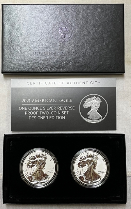 American Silver Eagles 2021 PROOF $1 AMERICAN SILVER EAGLE, 1 OZ, .999 2 COIN REVERSE PROOF SET IN OGP!