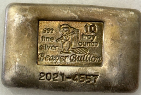 Bullion 10 TROY OZ .999 POURED STYLE SILVER BAR BEAVER BULLION, SERIAL #2021-4557 SCARCE