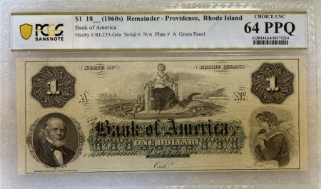 New Store Items $1 18__(1860S) REMAINDER OBSOLETE NOTE, PROVIDENCE RI, PCGS CHOICE UNC64 PPQ