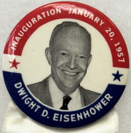 New Store Items 1957 EISENHOWER 1 3/4″ CELLO INAUGURAL BUTTON W/ ATTACHED RIBBON – MINT!