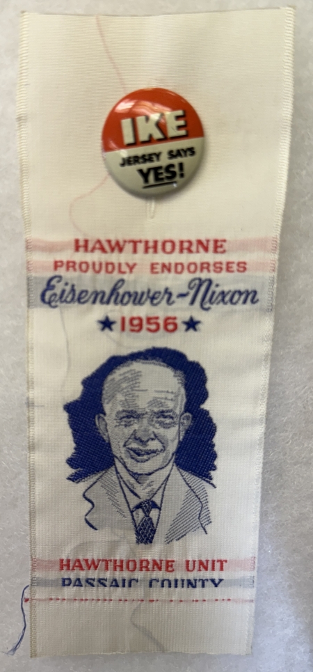 New Store Items 1956 EISENHOWER-NIXON NEW JERSEY EMBROIDERED RIBBON, 2″ X 6″ W/ BUTTON, MINT!