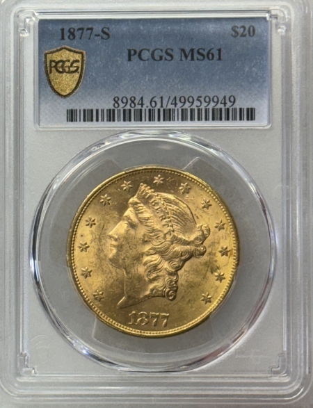 $20 1877-S $20 LIBERTY GOLD DOUBLE EAGLE – PCGS MS-61, FLASHY! 1ST YEAR TYPE 3